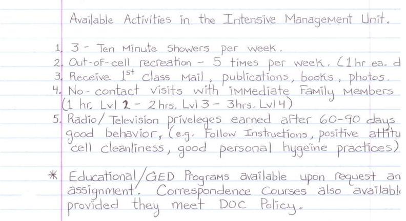 Available Activities in the Intensive Management Unit